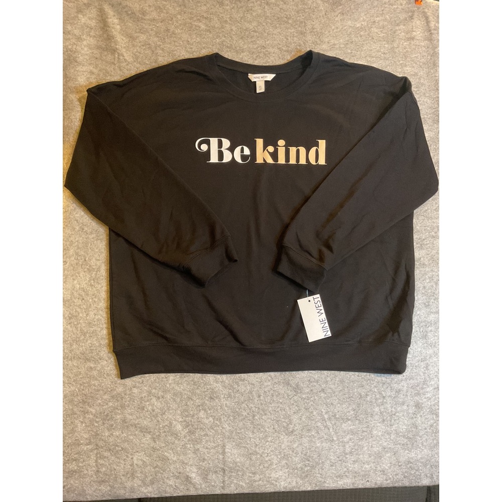 Nine West Womens Be Kind Graphic Sweatshirt Black Crew Neck XL New